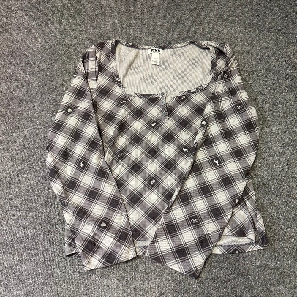 Pink Thermal Top Womens XXL Gray Plaid Waffle Knit Logo Scoop Neck Long Sleeve